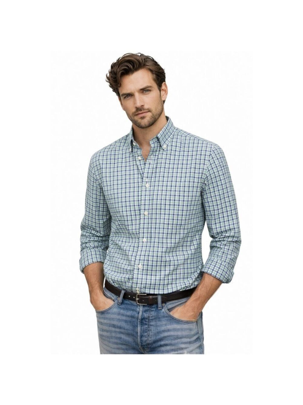 Men's Banana Republic Button-Down Oxford Shirt Blue Green White Plaid M 15-15.5